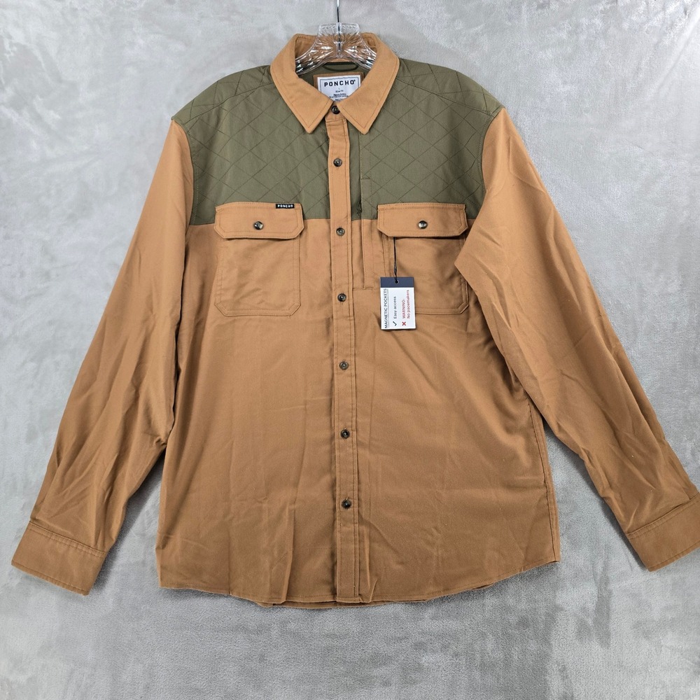 Poncho Flannel Shirt Mens Large Slim Green Quilted Magnetic Pockets Hunting